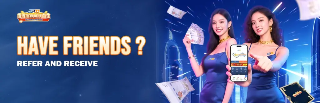 AP33 refer a friend promotion banner featuring two models holding cash and a mobile app encouraging users to refer and receive rewards