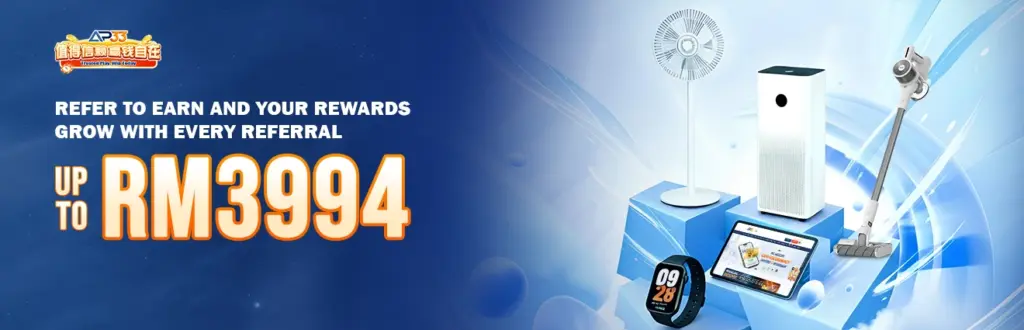 AP33 referral program banner offering up to RM3994 rewards with home appliances and gadgets as prizes