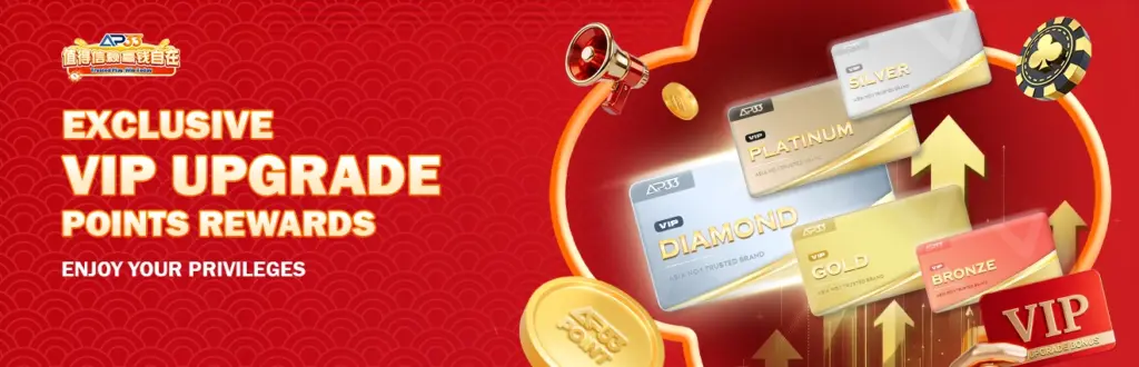AP33 VIP upgrade promotion banner featuring tier cards such as bronze, gold, diamond, platinum, and silver with points rewards